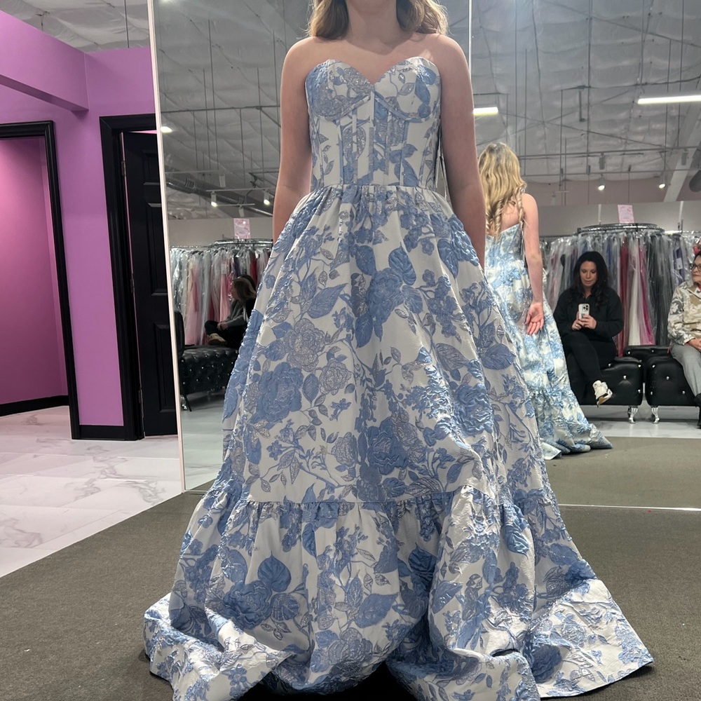 Sherri Hill Strapless Blue Floral Gown